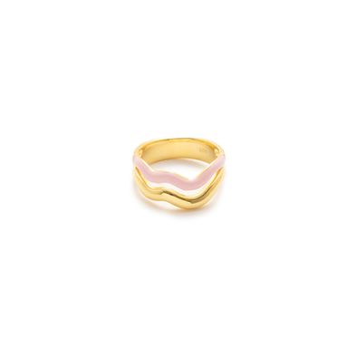 Anillo Carmín Doble Onda de Plata 925 con Baño Dorado Combinado con Esmaltado Rosa