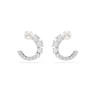 Pendientes de aro Swarovski Matrix, Crystal Pearl, Talla redonda, Blancos, Recubrimiento en Baño de rodio