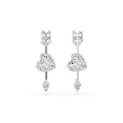 Pendientes Idyllia, Tallas mixtas, Corazón con flecha, Blancos, Baño de rodio