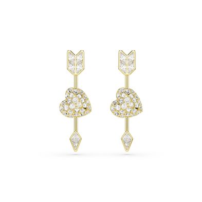Pendientes Idyllia, Tallas mixtas, Corazón con flecha, Blancos, Baño tono oro
